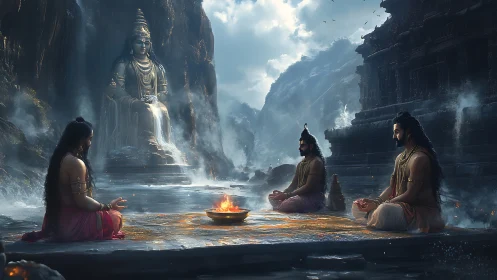 Mountain shrine meditation beside a silent stone deity.