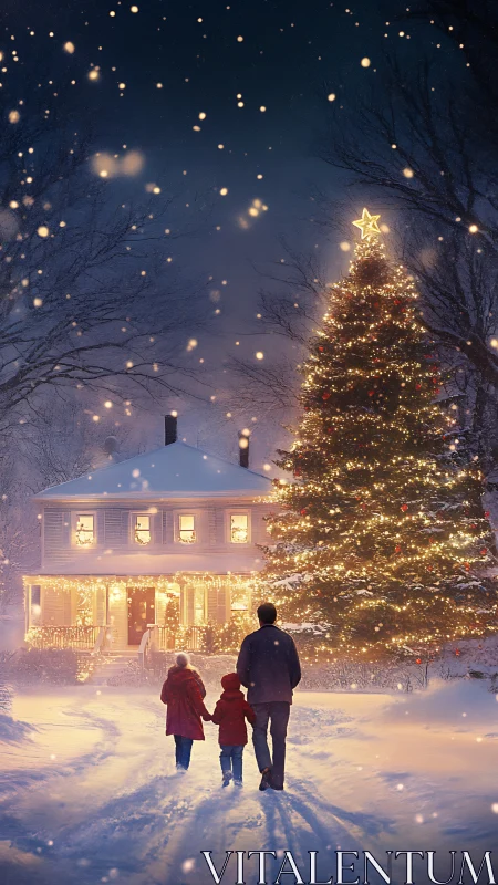 Winter evening scene with lit house, tree, and figures walking.