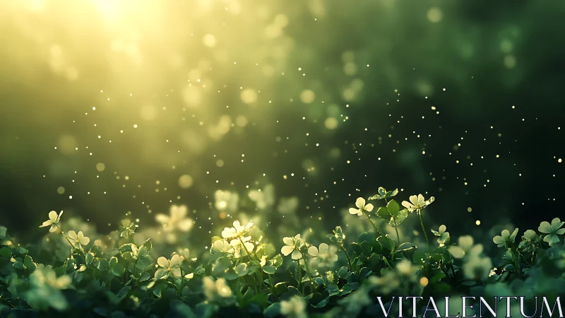 Small white ground flowers sit under diffused backlighting