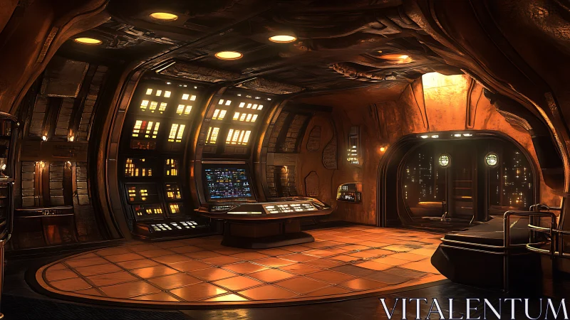 Rust-tinted starship control bay glowing with quiet power.