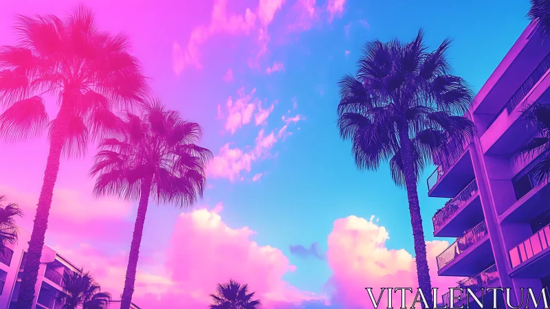 Neon sunset palms glow above modern coastal apartments