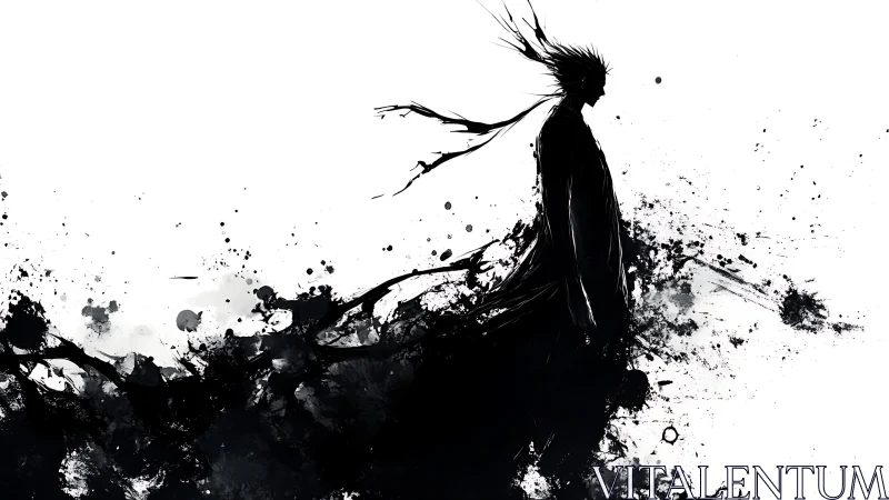 Ink-born wanderer strides through a storm of splattered shadows