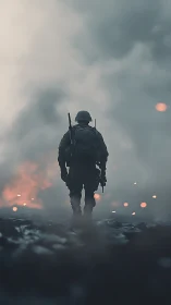 Lone soldier walking through smoke on a dark battlefield.
