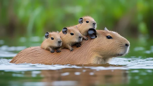 Capybara mother ferries three pups across calm wetland.