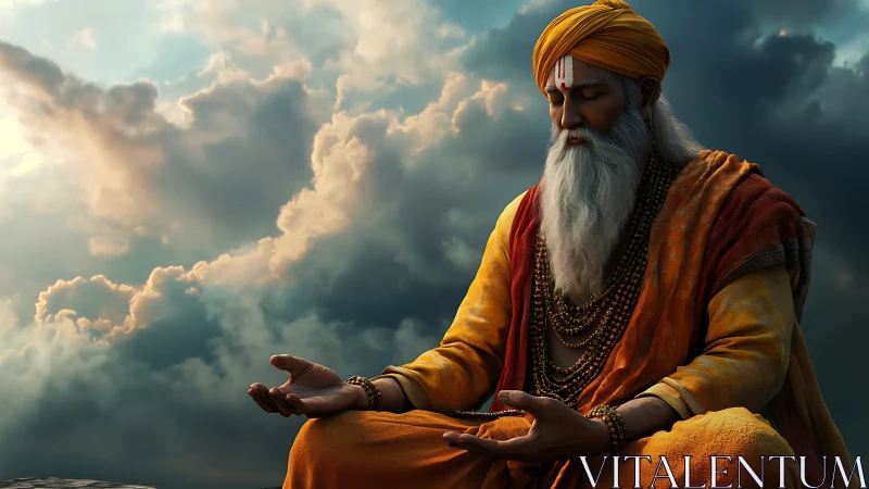 Serene elder sage meditates calmly beneath dramatic skies