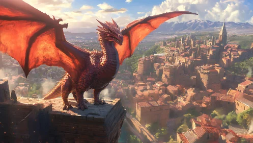Crimson dragon guards sunlit medieval city from cliff edge