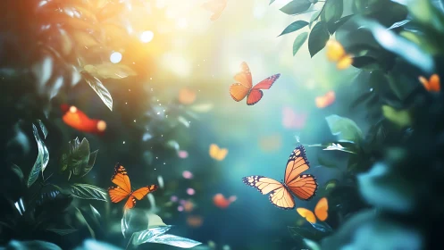Gentle orange butterflies drifting through a sunlit forest.