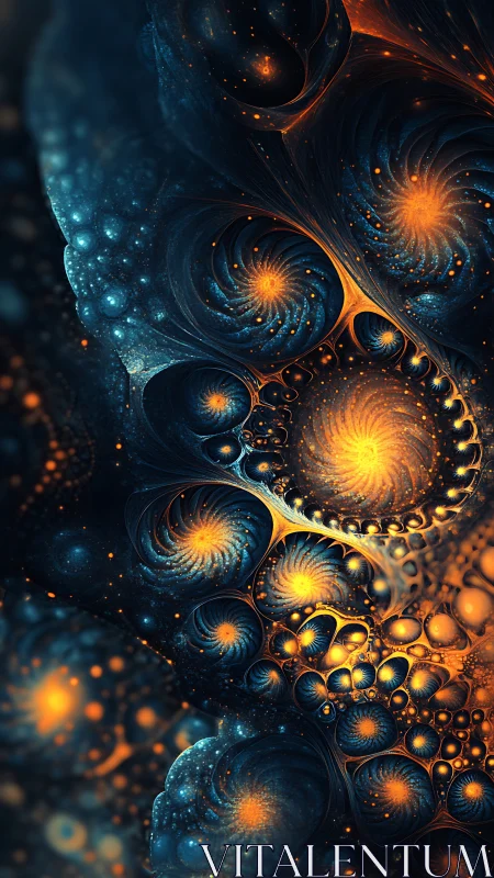 Fractal nebula spirals with glowing orange stellar cores.