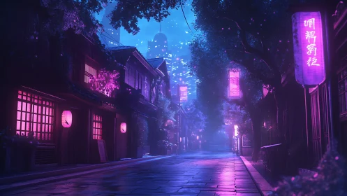 Neon-lit alleyway with cyberpunk lantern glow and wet stone path.