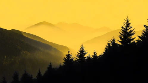 Layered conifer hills in dense yellow atmospheric haze.