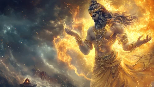 Radiant fire deity drifting between storm and starlight.