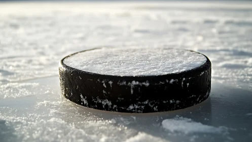 Lonely hockey puck waits like a dark moon on frosted ice