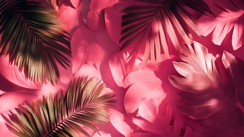 Luminous tropical leaves in bold pink studio lighting.
