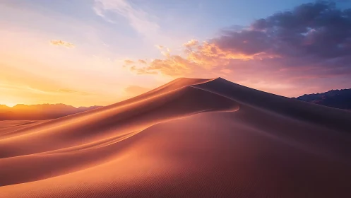 Sunlit desert dune ridge under vivid pastel sunset sky.