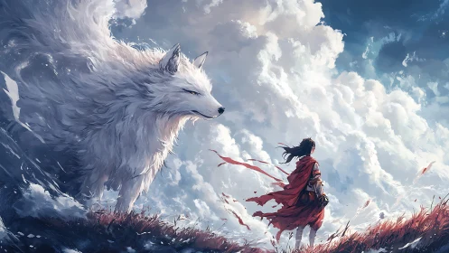 Warrior in red cloak with giant white wolf under clouds.