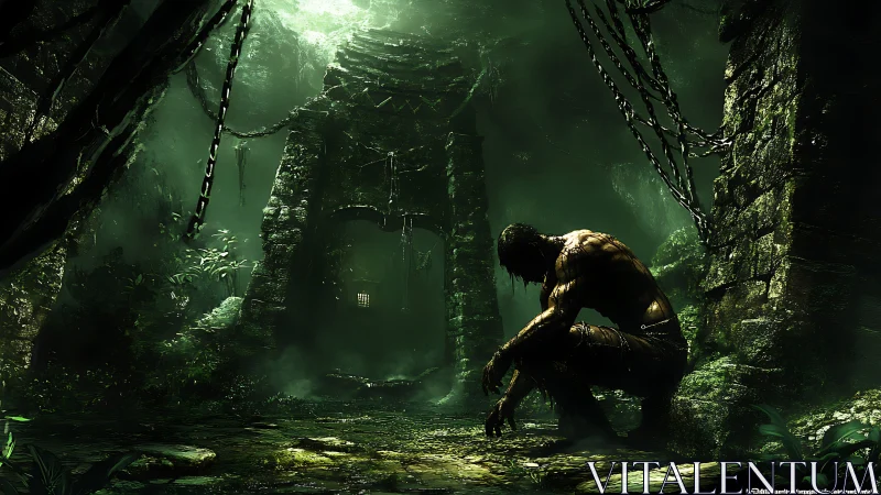 Brooding titan in moss-drowned jungle ruins at dusk.
