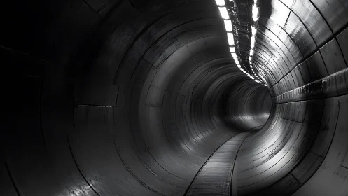 Curved metallic tunnel glows under stark linear lights.