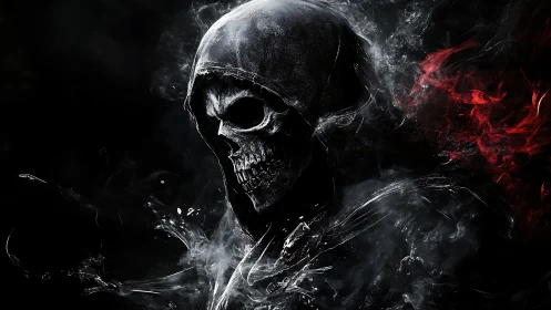Hooded skull specter emerges through swirling black smoke.