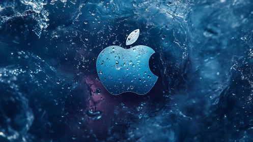 Apple logo centered in blue liquid water splash field.