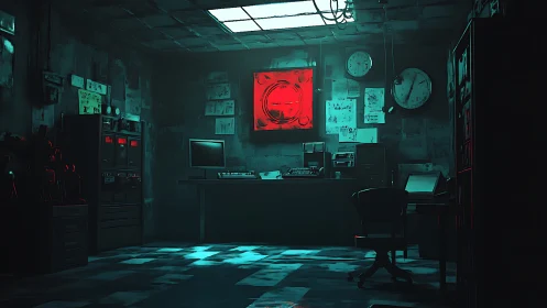 Cyberpunk control room glows with eerie teal and red light.
