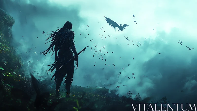 Sword-bearing wraith observing aerial drakes in storm mist.