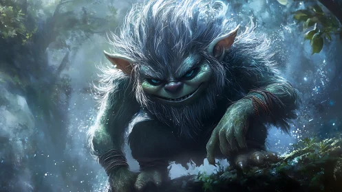 Forest creature crouched on branch in misty woodland scene.