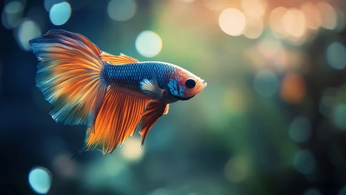 Glowing betta fish drifting through dreamy underwater light.