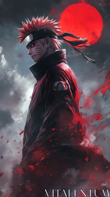 Side-profile ninja figure stands before a red circular moon