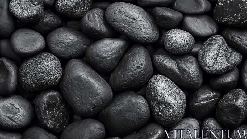 Midnight river stones huddled in glossy grayscale hush.