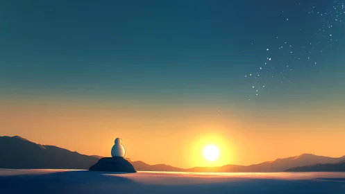 Softly lit snowman silhouette observes low horizon winter sunset