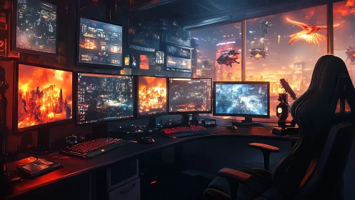 Multi-monitor gaming workstation in futuristic cityscape.