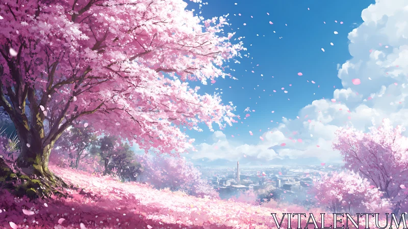 Cherry blossom hillside above distant spring cityscape.