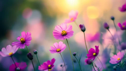 Cosmos flowers in luminous soft-focus botanical composition with depth of field