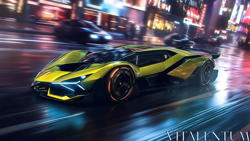 Cyberpunk hypercar render with neon urban motion blur dynamics.