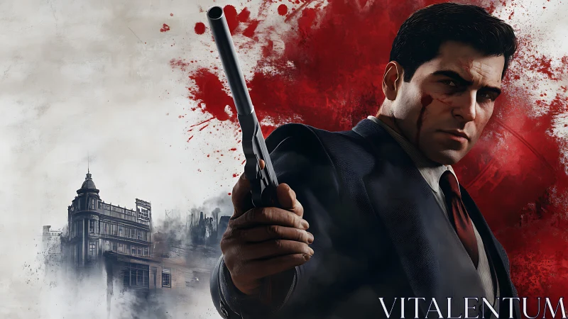 Brooding mob enforcer with pistol before blood-red smear.