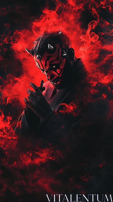 Horned masked figure in red smoke against dark backdrop.