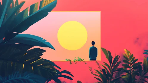 Solitary figure framed by tropical leaves and abstract sun.