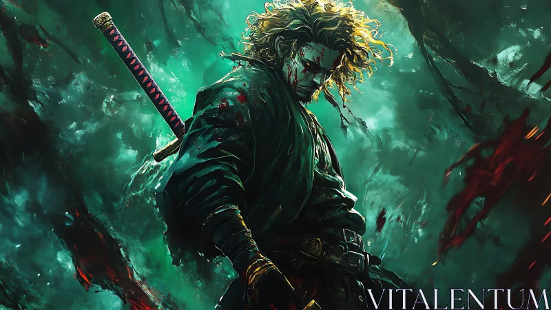 Bloodstained ronin in stormlit emerald battlefield haze.