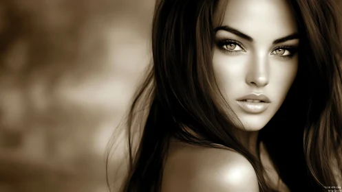 Soft sepia portrait of a woman with luminous, thoughtful eyes.