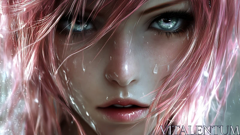 Intense wet portrait of pink haired digital woman.