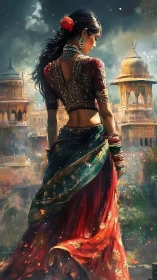 Bridal colors swirling through a dreamlike palace evening.