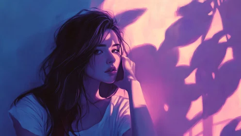 Melancholic portrait in dusk-toned rim light and leaf shadows