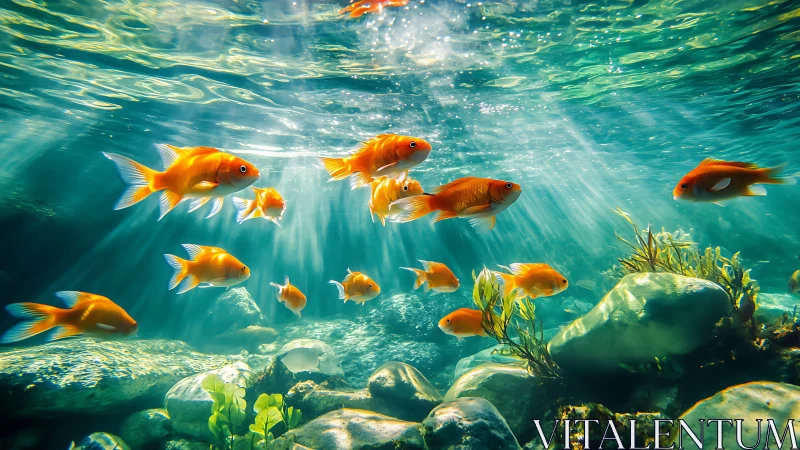 Sunlit goldfish drift through an emerald underwater daydream.