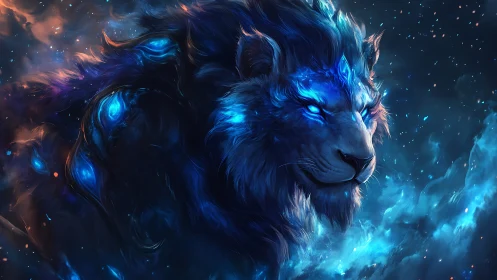 Starlit sapphire lion drifts through a storm of cosmic embers