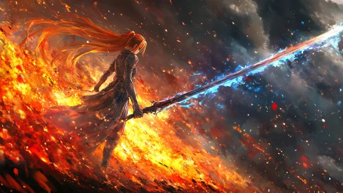Fiery battlefield warrior raising glowing energy sword.