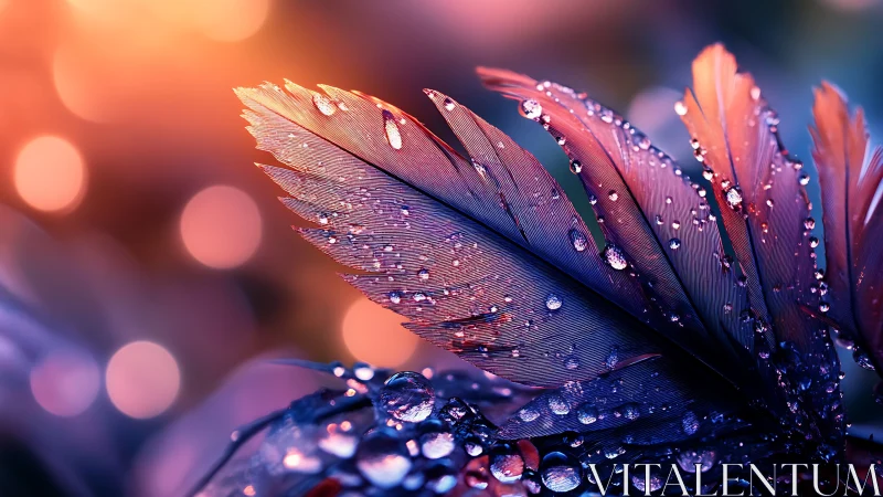 Water droplets adhere to iridescent feathers in close focus