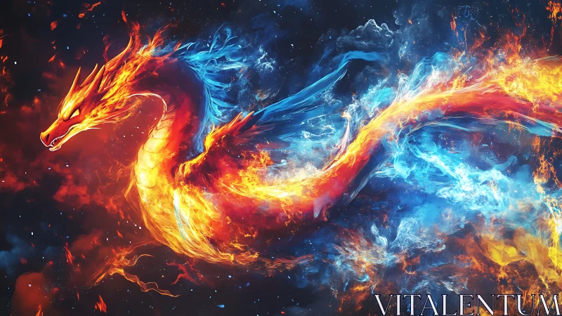 Fiery cosmic dragon swirling through vibrant blue flames.