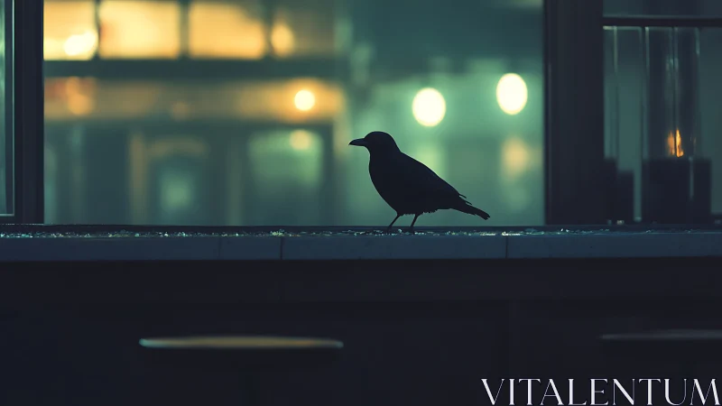 Silhouette of a crow on urban windowsill at night.