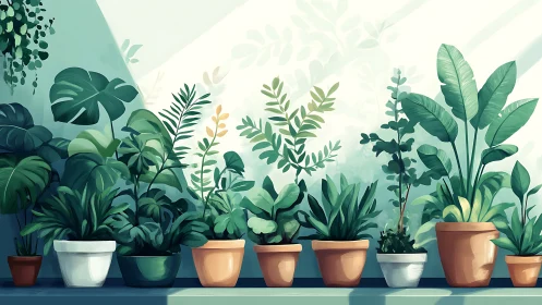 Row of potted indoor plants stands in diffused daylight