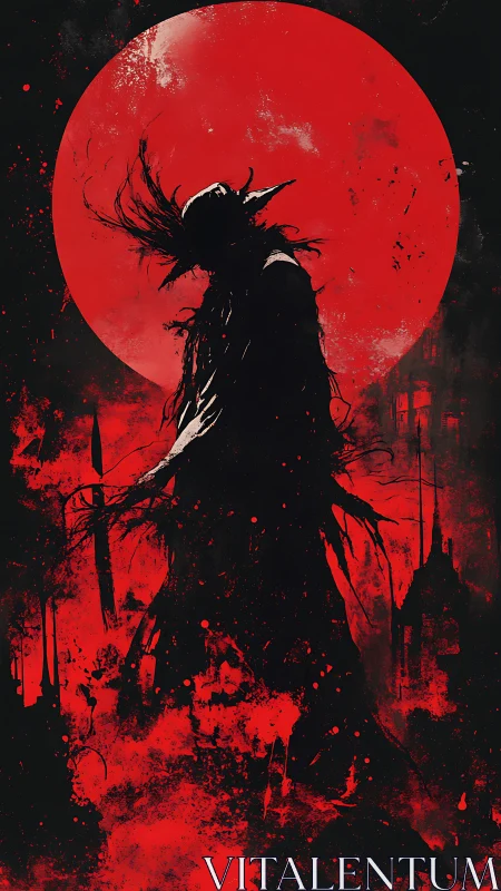 Silhouetted hunter stands before vast blood-red moon